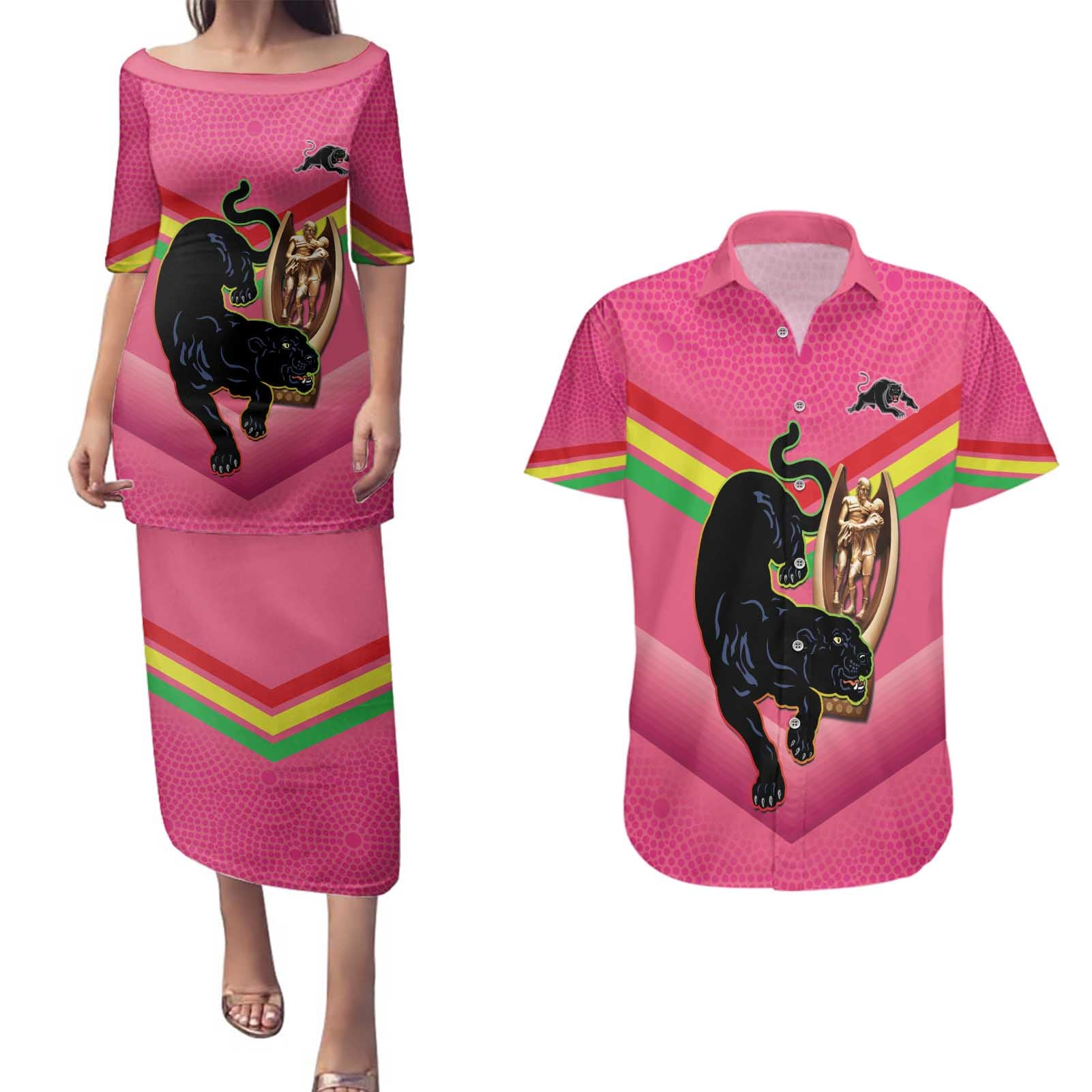 Personalised Panthers Rugby 2024 Couples Matching Puletasi and Hawaiian Shirt Mascot With Trophy Go Champions Aboriginal Art - Pink