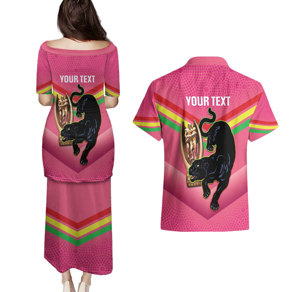 Personalised Panthers Rugby 2024 Couples Matching Puletasi and Hawaiian Shirt Mascot With Trophy Go Champions Aboriginal Art - Pink