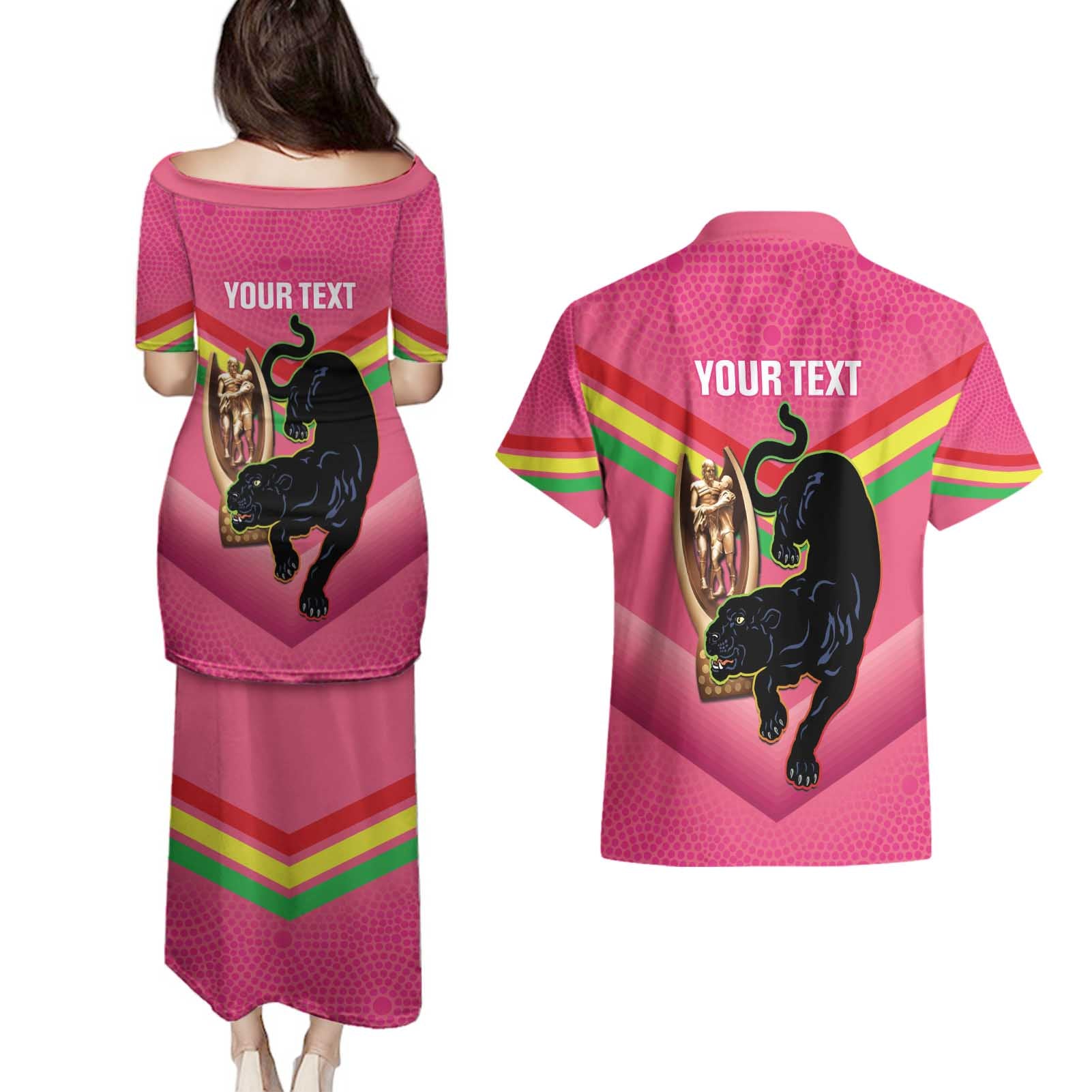 Personalised Panthers Rugby 2024 Couples Matching Puletasi and Hawaiian Shirt Mascot With Trophy Go Champions Aboriginal Art - Pink