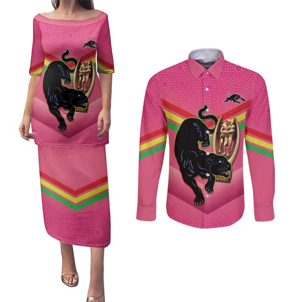 Personalised Panthers Rugby 2024 Couples Matching Puletasi and Long Sleeve Button Shirt Mascot With Trophy Go Champions Aboriginal Art - Pink