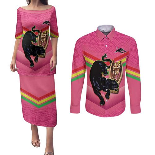 Personalised Panthers Rugby 2024 Couples Matching Puletasi and Long Sleeve Button Shirt Mascot With Trophy Go Champions Aboriginal Art - Pink