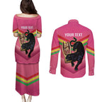 Personalised Panthers Rugby 2024 Couples Matching Puletasi and Long Sleeve Button Shirt Mascot With Trophy Go Champions Aboriginal Art - Pink