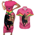 Personalised Panthers Rugby 2024 Couples Matching Short Sleeve Bodycon Dress and Hawaiian Shirt Mascot With Trophy Go Champions Aboriginal Art - Pink