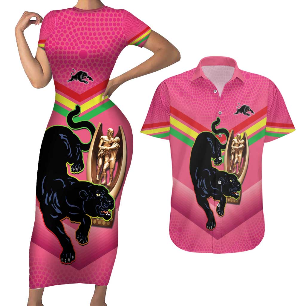 Personalised Panthers Rugby 2024 Couples Matching Short Sleeve Bodycon Dress and Hawaiian Shirt Mascot With Trophy Go Champions Aboriginal Art - Pink