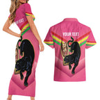 Personalised Panthers Rugby 2024 Couples Matching Short Sleeve Bodycon Dress and Hawaiian Shirt Mascot With Trophy Go Champions Aboriginal Art - Pink