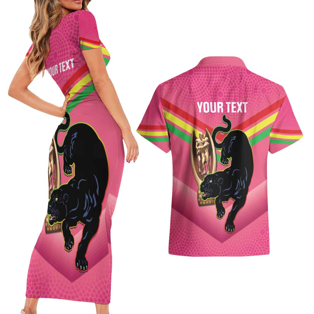 Personalised Panthers Rugby 2024 Couples Matching Short Sleeve Bodycon Dress and Hawaiian Shirt Mascot With Trophy Go Champions Aboriginal Art - Pink