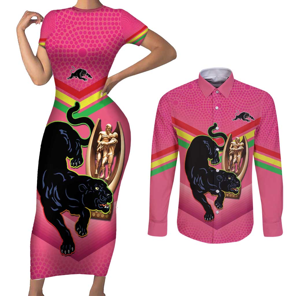 Personalised Panthers Rugby 2024 Couples Matching Short Sleeve Bodycon Dress and Long Sleeve Button Shirt Mascot With Trophy Go Champions Aboriginal Art - Pink