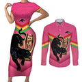Personalised Panthers Rugby 2024 Couples Matching Short Sleeve Bodycon Dress and Long Sleeve Button Shirt Mascot With Trophy Go Champions Aboriginal Art - Pink
