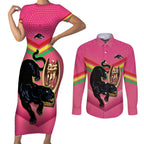 Personalised Panthers Rugby 2024 Couples Matching Short Sleeve Bodycon Dress and Long Sleeve Button Shirt Mascot With Trophy Go Champions Aboriginal Art - Pink