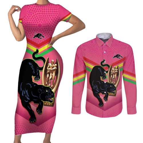 Personalised Panthers Rugby 2024 Couples Matching Short Sleeve Bodycon Dress and Long Sleeve Button Shirt Mascot With Trophy Go Champions Aboriginal Art - Pink
