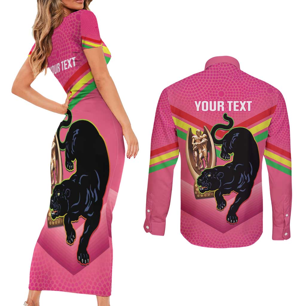 Personalised Panthers Rugby 2024 Couples Matching Short Sleeve Bodycon Dress and Long Sleeve Button Shirt Mascot With Trophy Go Champions Aboriginal Art - Pink