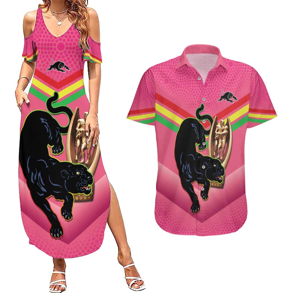 Personalised Panthers Rugby 2024 Couples Matching Summer Maxi Dress and Hawaiian Shirt Mascot With Trophy Go Champions Aboriginal Art - Pink