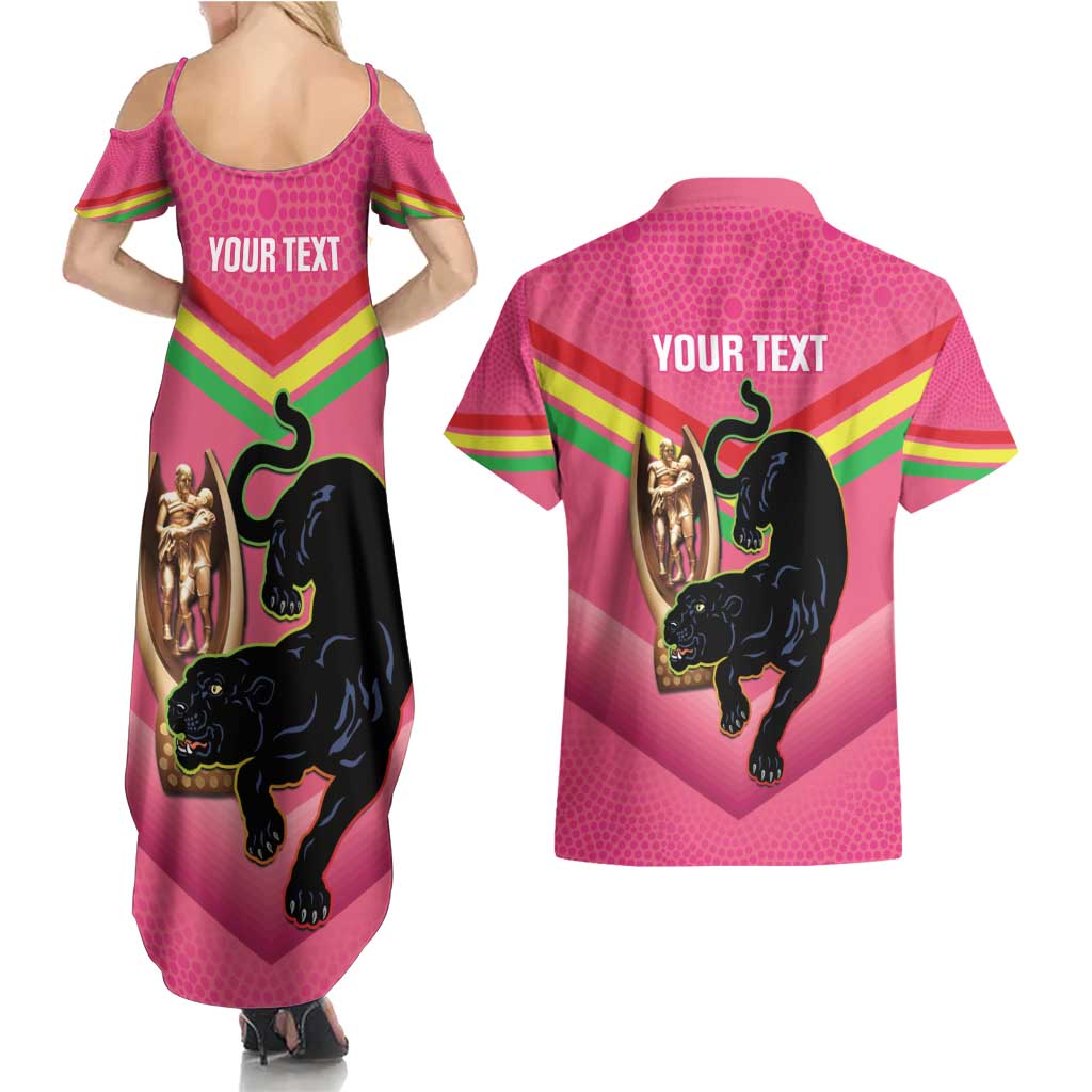 Personalised Panthers Rugby 2024 Couples Matching Summer Maxi Dress and Hawaiian Shirt Mascot With Trophy Go Champions Aboriginal Art - Pink
