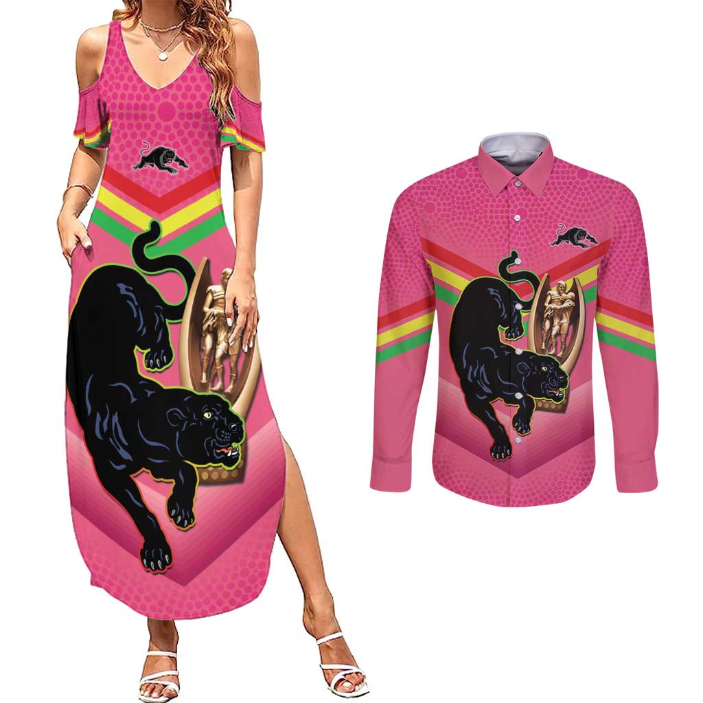 Personalised Panthers Rugby 2024 Couples Matching Summer Maxi Dress and Long Sleeve Button Shirt Mascot With Trophy Go Champions Aboriginal Art - Pink