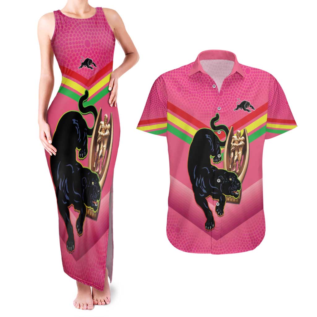 Personalised Panthers Rugby 2024 Couples Matching Tank Maxi Dress and Hawaiian Shirt Mascot With Trophy Go Champions Aboriginal Art - Pink