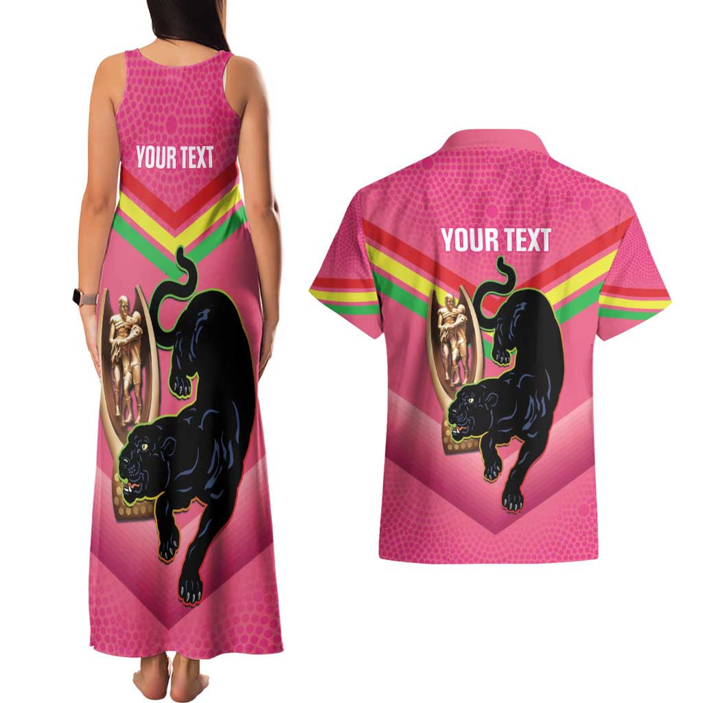 Personalised Panthers Rugby 2024 Couples Matching Tank Maxi Dress and Hawaiian Shirt Mascot With Trophy Go Champions Aboriginal Art - Pink