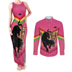 Personalised Panthers Rugby 2024 Couples Matching Tank Maxi Dress and Long Sleeve Button Shirt Mascot With Trophy Go Champions Aboriginal Art - Pink