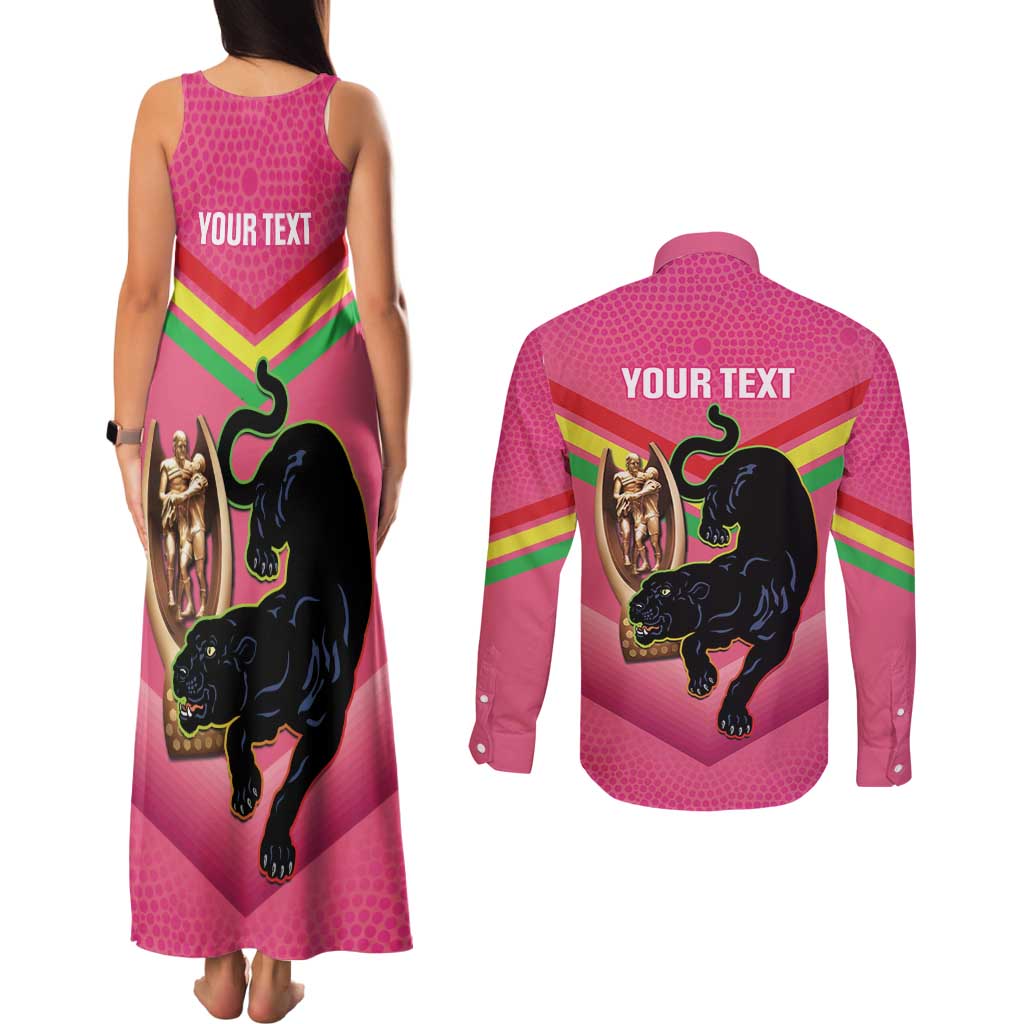 Personalised Panthers Rugby 2024 Couples Matching Tank Maxi Dress and Long Sleeve Button Shirt Mascot With Trophy Go Champions Aboriginal Art - Pink