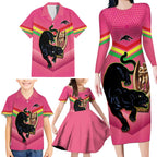 Personalised Panthers Rugby 2024 Family Matching Long Sleeve Bodycon Dress and Hawaiian Shirt Mascot With Trophy Go Champions Aboriginal Art - Pink