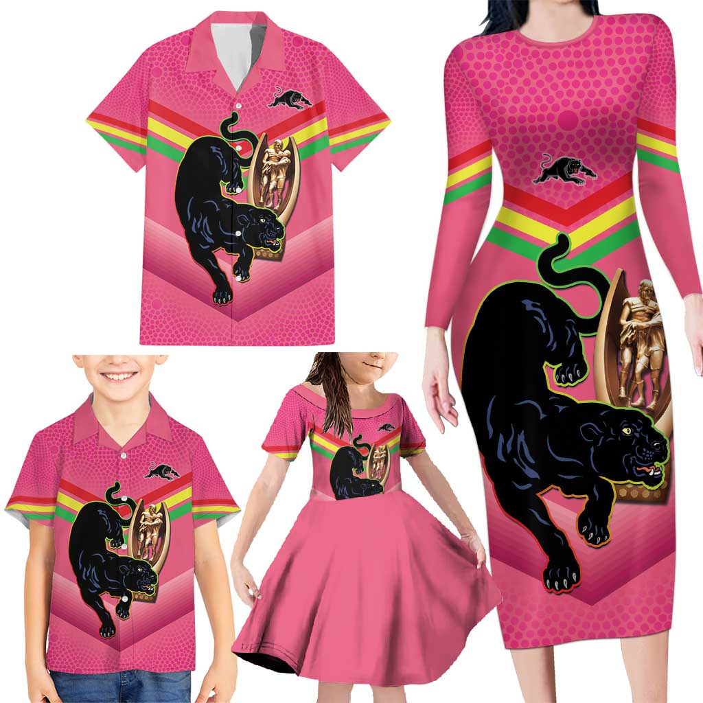 Personalised Panthers Rugby 2024 Family Matching Long Sleeve Bodycon Dress and Hawaiian Shirt Mascot With Trophy Go Champions Aboriginal Art - Pink