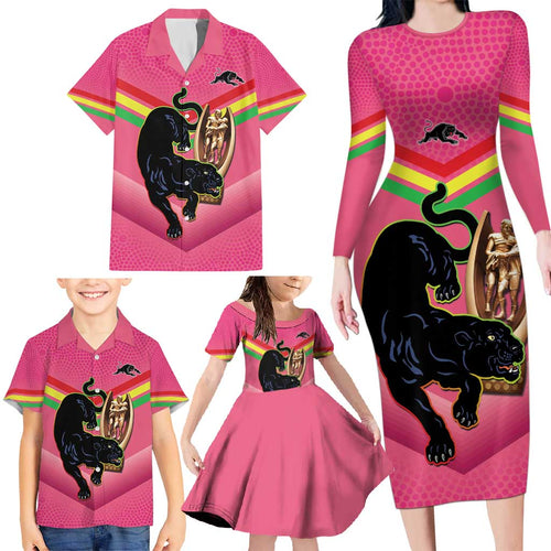 Personalised Panthers Rugby 2024 Family Matching Long Sleeve Bodycon Dress and Hawaiian Shirt Mascot With Trophy Go Champions Aboriginal Art - Pink