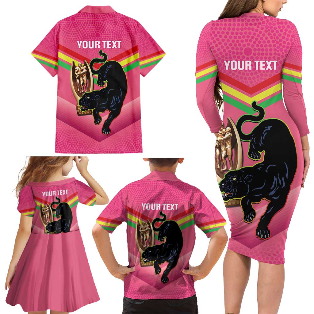 Personalised Panthers Rugby 2024 Family Matching Long Sleeve Bodycon Dress and Hawaiian Shirt Mascot With Trophy Go Champions Aboriginal Art - Pink