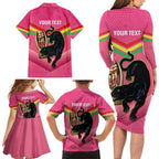Personalised Panthers Rugby 2024 Family Matching Long Sleeve Bodycon Dress and Hawaiian Shirt Mascot With Trophy Go Champions Aboriginal Art - Pink