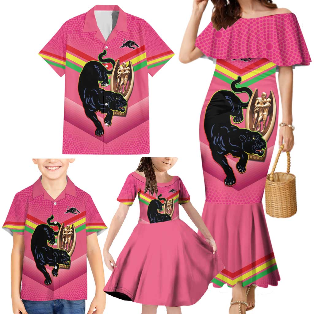 Personalised Panthers Rugby 2024 Family Matching Mermaid Dress and Hawaiian Shirt Mascot With Trophy Go Champions Aboriginal Art - Pink