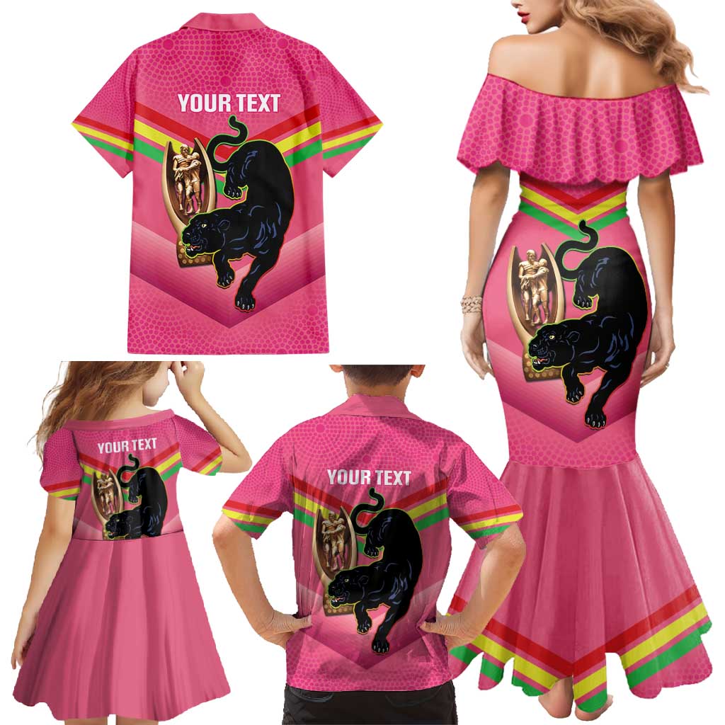 Personalised Panthers Rugby 2024 Family Matching Mermaid Dress and Hawaiian Shirt Mascot With Trophy Go Champions Aboriginal Art - Pink