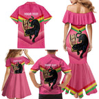 Personalised Panthers Rugby 2024 Family Matching Mermaid Dress and Hawaiian Shirt Mascot With Trophy Go Champions Aboriginal Art - Pink