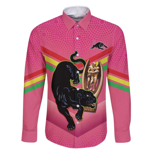 Personalised Panthers Rugby 2024 Family Matching Mermaid Dress and Hawaiian Shirt Mascot With Trophy Go Champions Aboriginal Art - Pink