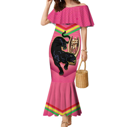 Personalised Panthers Rugby 2024 Family Matching Mermaid Dress and Hawaiian Shirt Mascot With Trophy Go Champions Aboriginal Art - Pink