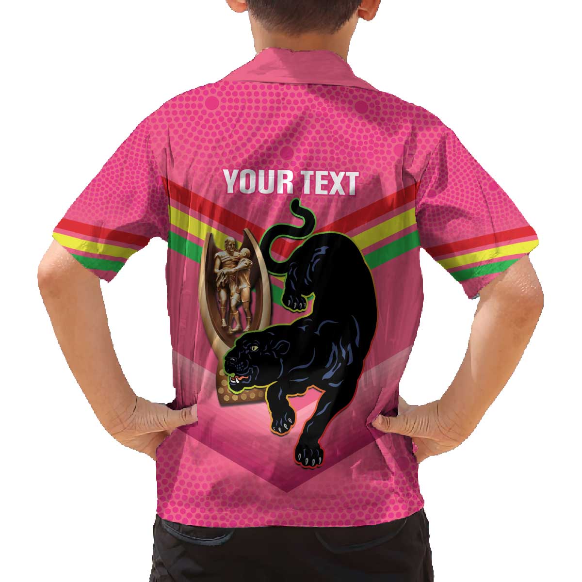 Personalised Panthers Rugby 2024 Family Matching Off The Shoulder Long Sleeve Dress and Hawaiian Shirt Mascot With Trophy Go Champions Aboriginal Art - Pink