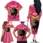 Personalised Panthers Rugby 2024 Family Matching Off The Shoulder Long Sleeve Dress and Hawaiian Shirt Mascot With Trophy Go Champions Aboriginal Art - Pink
