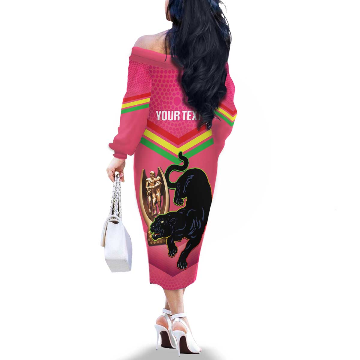 Personalised Panthers Rugby 2024 Family Matching Off The Shoulder Long Sleeve Dress and Hawaiian Shirt Mascot With Trophy Go Champions Aboriginal Art - Pink