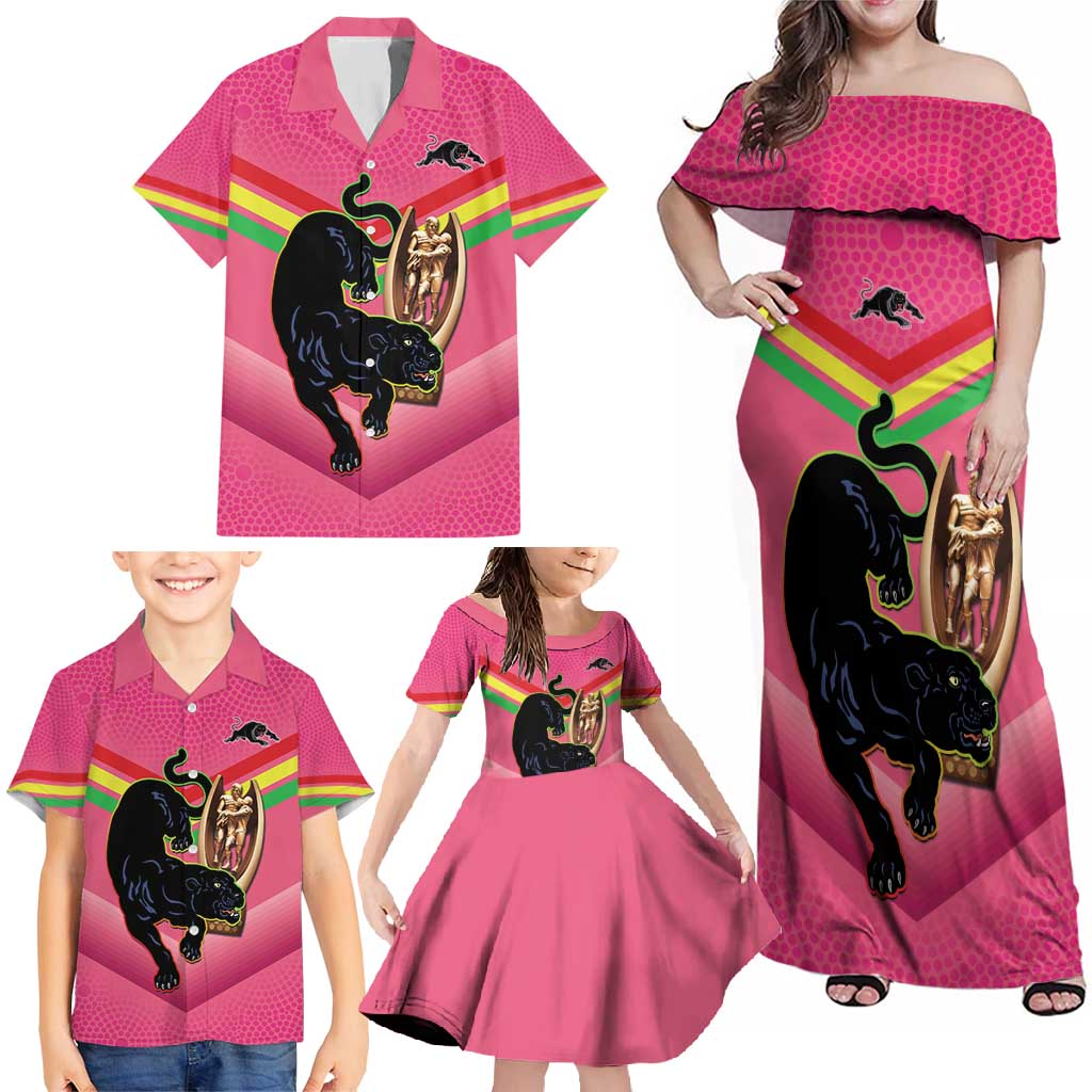 Personalised Panthers Rugby 2024 Family Matching Off Shoulder Maxi Dress and Hawaiian Shirt Mascot With Trophy Go Champions Aboriginal Art - Pink