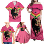 Personalised Panthers Rugby 2024 Family Matching Off Shoulder Maxi Dress and Hawaiian Shirt Mascot With Trophy Go Champions Aboriginal Art - Pink