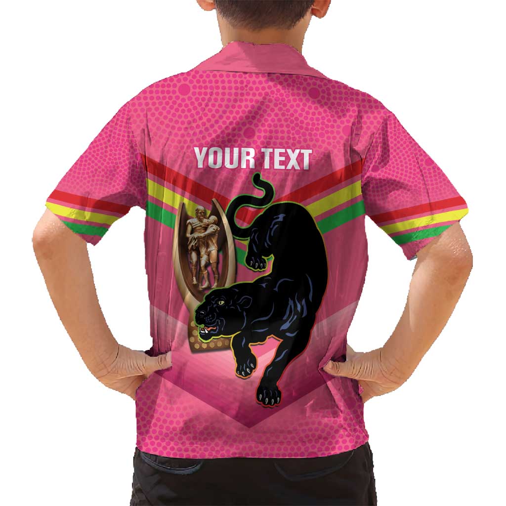 Personalised Panthers Rugby 2024 Family Matching Off Shoulder Maxi Dress and Hawaiian Shirt Mascot With Trophy Go Champions Aboriginal Art - Pink