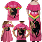 Personalised Panthers Rugby 2024 Family Matching Off Shoulder Maxi Dress and Hawaiian Shirt Mascot With Trophy Go Champions Aboriginal Art - Pink