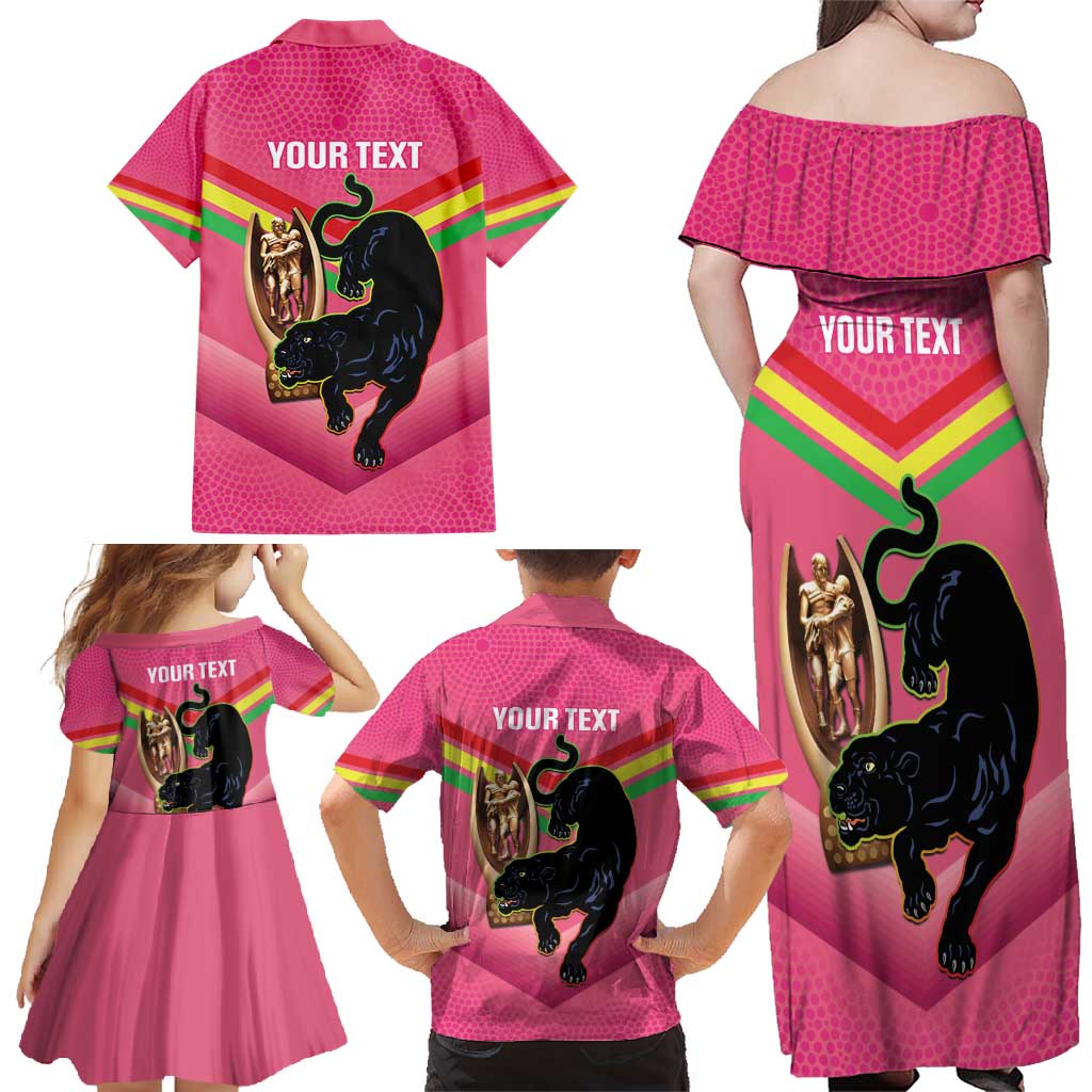 Personalised Panthers Rugby 2024 Family Matching Off Shoulder Maxi Dress and Hawaiian Shirt Mascot With Trophy Go Champions Aboriginal Art - Pink