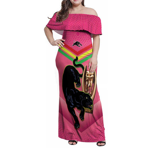 Personalised Panthers Rugby 2024 Family Matching Off Shoulder Maxi Dress and Hawaiian Shirt Mascot With Trophy Go Champions Aboriginal Art - Pink
