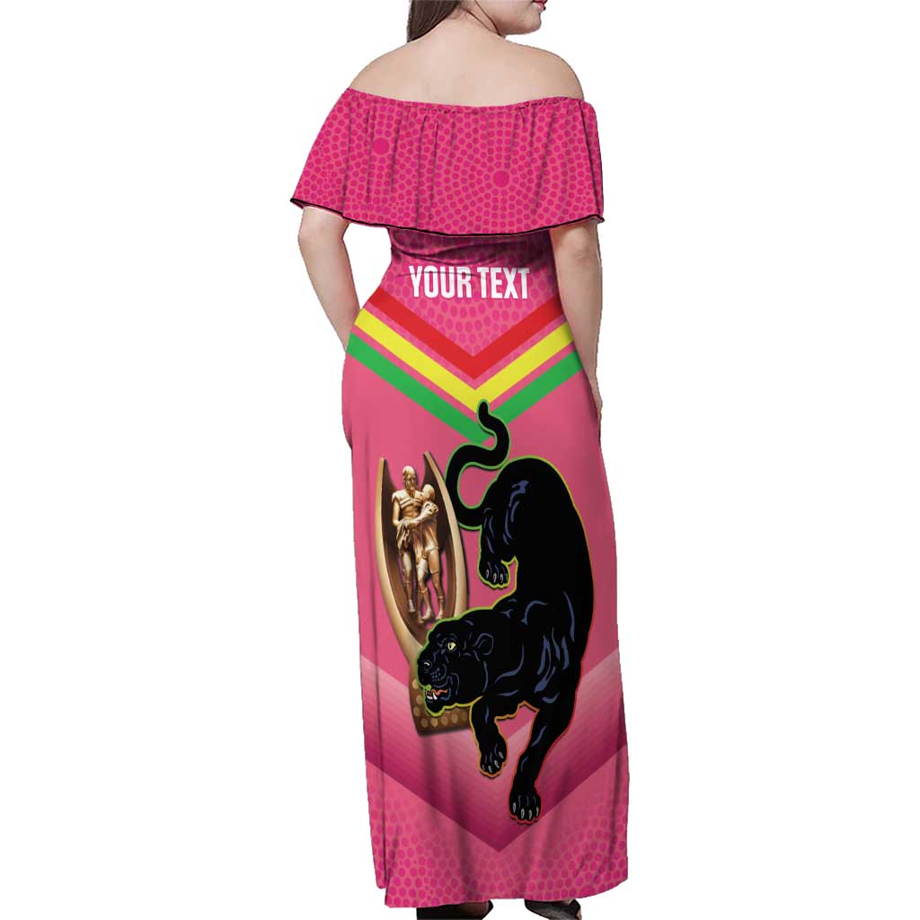 Personalised Panthers Rugby 2024 Family Matching Off Shoulder Maxi Dress and Hawaiian Shirt Mascot With Trophy Go Champions Aboriginal Art - Pink