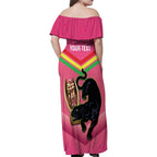 Personalised Panthers Rugby 2024 Family Matching Off Shoulder Maxi Dress and Hawaiian Shirt Mascot With Trophy Go Champions Aboriginal Art - Pink