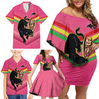 Personalised Panthers Rugby 2024 Family Matching Off Shoulder Short Dress and Hawaiian Shirt Mascot With Trophy Go Champions Aboriginal Art - Pink
