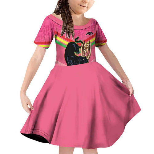 Personalised Panthers Rugby 2024 Family Matching Off Shoulder Short Dress and Hawaiian Shirt Mascot With Trophy Go Champions Aboriginal Art - Pink