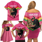 Personalised Panthers Rugby 2024 Family Matching Off Shoulder Short Dress and Hawaiian Shirt Mascot With Trophy Go Champions Aboriginal Art - Pink