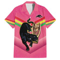 Personalised Panthers Rugby 2024 Family Matching Off Shoulder Short Dress and Hawaiian Shirt Mascot With Trophy Go Champions Aboriginal Art - Pink
