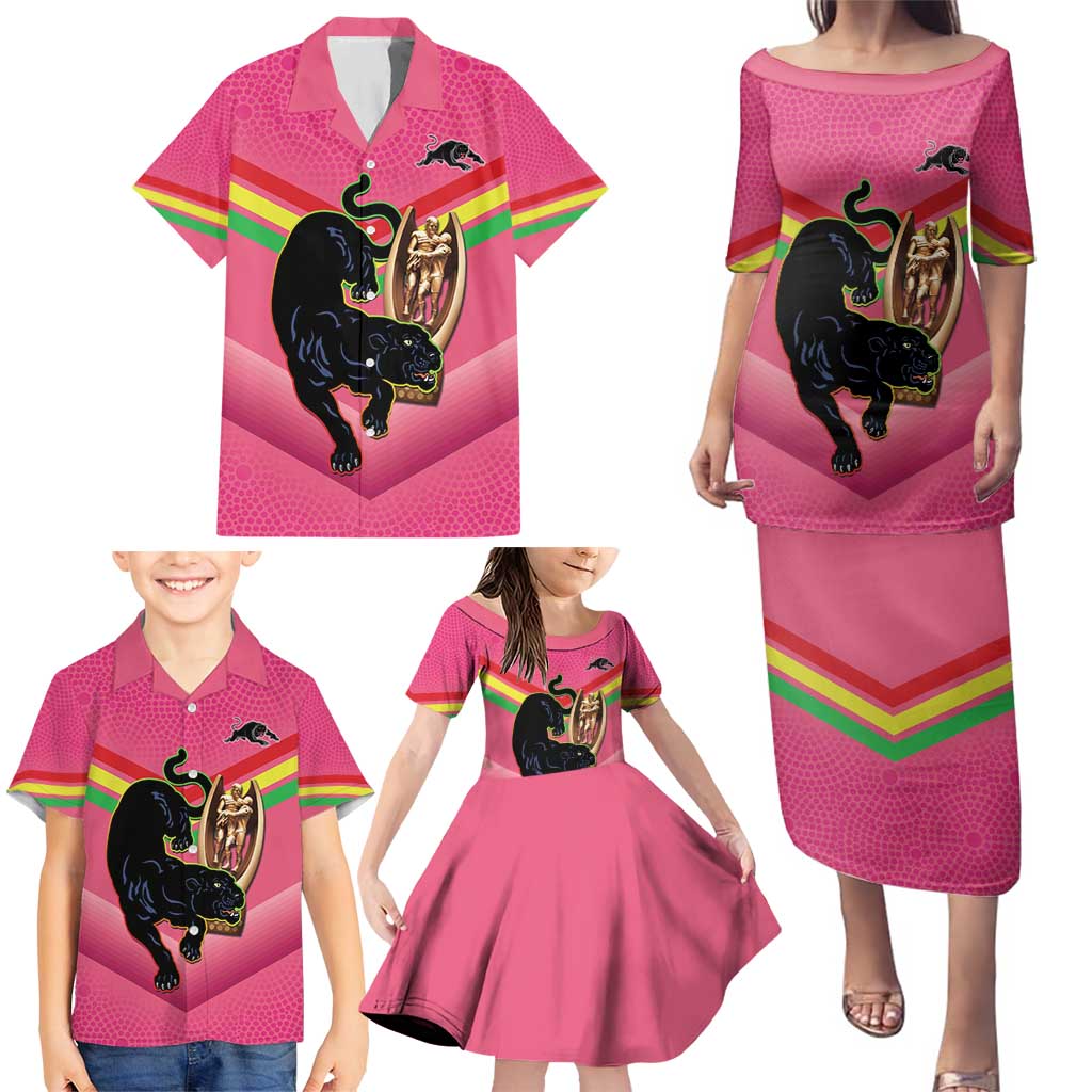 Personalised Panthers Rugby 2024 Family Matching Puletasi and Hawaiian Shirt Mascot With Trophy Go Champions Aboriginal Art - Pink