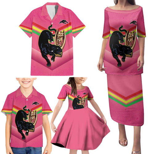 Personalised Panthers Rugby 2024 Family Matching Puletasi and Hawaiian Shirt Mascot With Trophy Go Champions Aboriginal Art - Pink