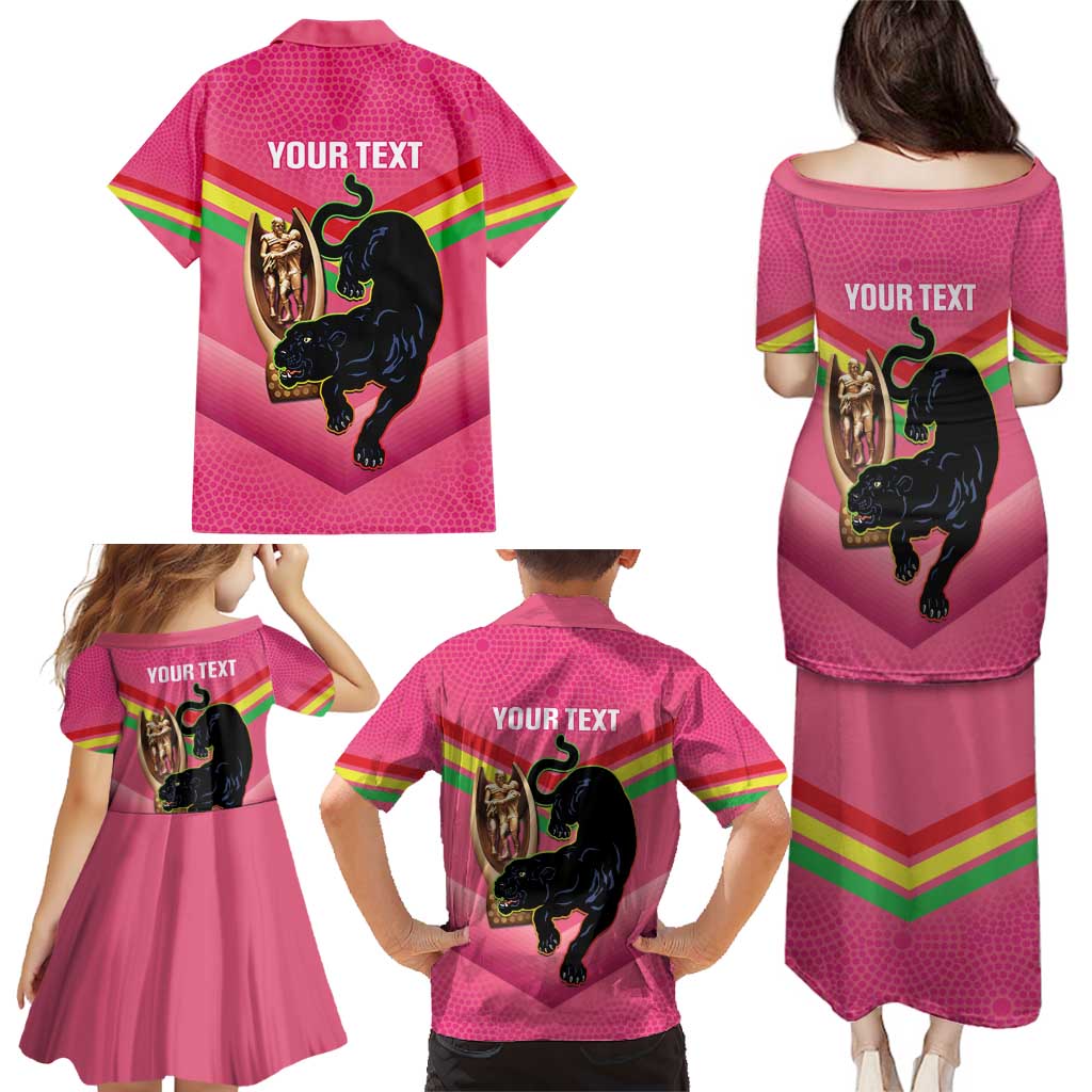 Personalised Panthers Rugby 2024 Family Matching Puletasi and Hawaiian Shirt Mascot With Trophy Go Champions Aboriginal Art - Pink